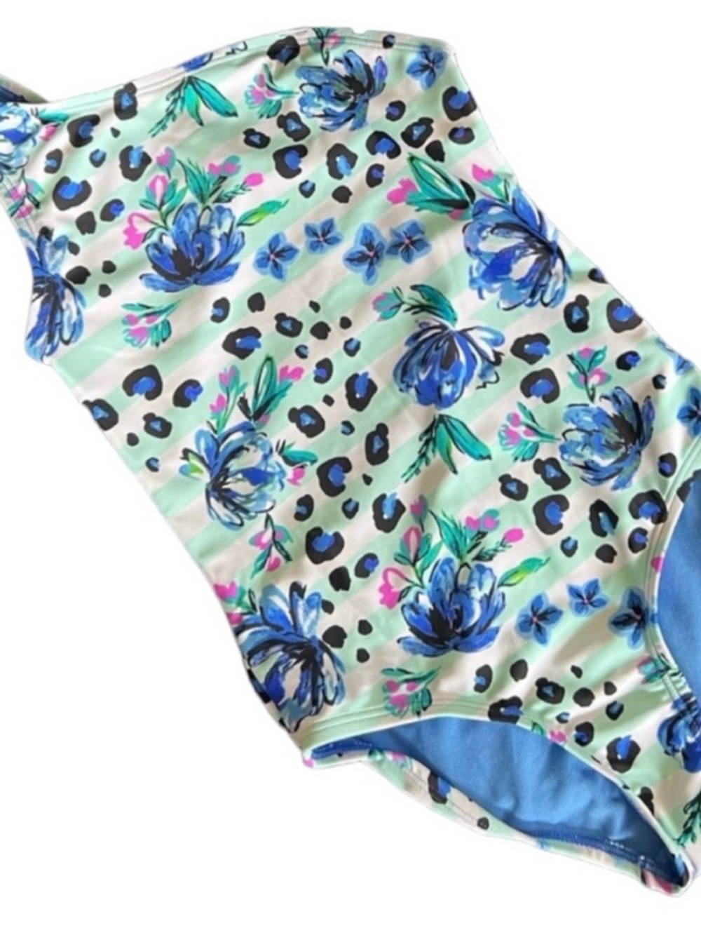 Wonder Nation Floral Blue Leopard Print One-Piece Swimsuit Sz M (7-8)